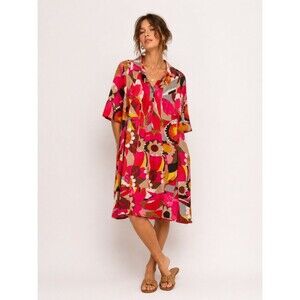 Dalin 1X Floral Shirt Dress Pink Orange Retro Mod Abstract Print Boho Plus Size